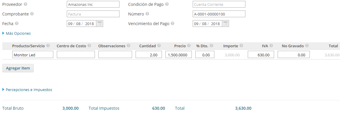 Información completa de una factura de compra en Xubio Argentina