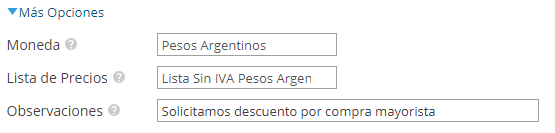 Información adicional de una nueva orden de compra en Xubio Argentina