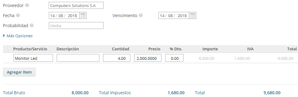 Información completa de una nueva orden de compra en Xubio Argentina